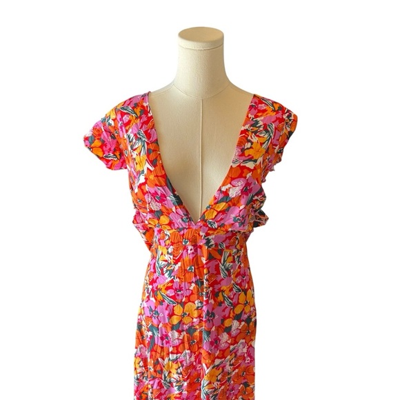 ShowPo - Dyliah Thigh Split Frill Shoulder Plunge Neck Dress Spring Flora Sz 14 - Picture 4 of 7